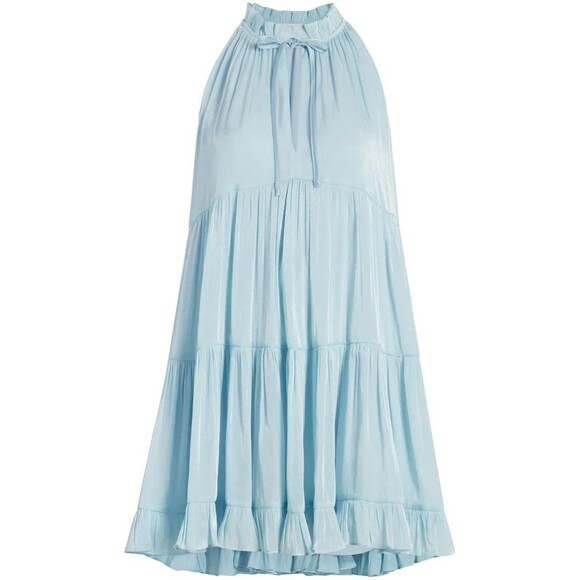 Cinq à Sept Phyllis Size 10 Keyhole Neck Tiered Mini Dress Metallic Blue - Picture 11 of 15